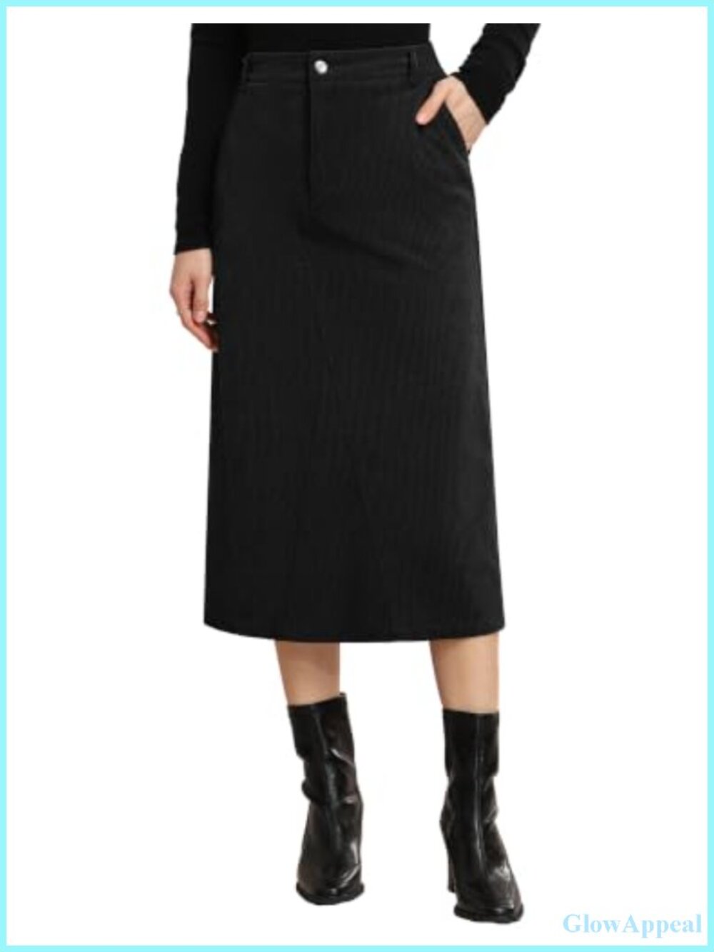 Corduroy Midi Skirt High Waist with Pockets Slit Straight Fall
